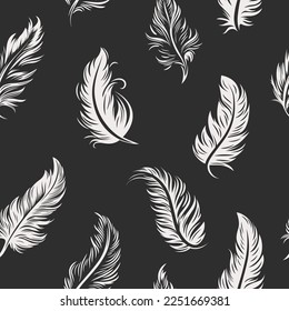 Vector Seamless Pattern with Different White Fluffy Feather Silhouettes on Black Background. Design Template of Flamingo, Angel, Bird Feathers for Wall Paper, Textile. Lightness, Freedom Concept