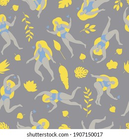 Vector seamless pattern with different women, tropical leaves and flowers. Body positive girls. Grey, yellow and blue colors.