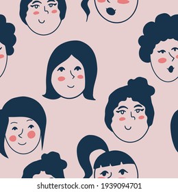 Vector seamless pattern with different women faces with pink cheeks