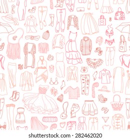 Vector seamless pattern of different women's clothes and accessories, from underwear to outerwear. Fashion doodle collection.