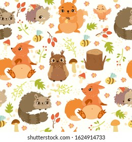 Vector seamless pattern. Digital paper. Cute forest animals. Owl, fox, bird, raccoon, hedgehog, Scandinavian cute animals for children. Woodland animals