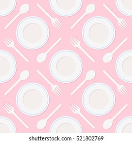 Vector seamless pattern with dining set Plates, Spoons and Forks. Elegant and simple restaurant texture.