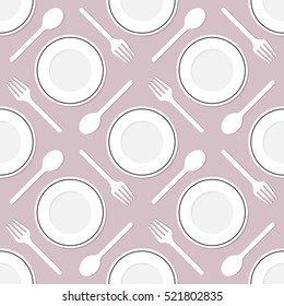 Vector seamless pattern with dining set Plates, Spoons and Forks. Elegant and simple restaurant texture.