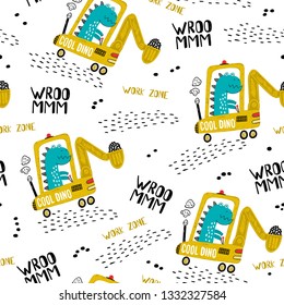 Vector seamless pattern with dino digger. Work zone. Creative vector childish background for fabric, textile, nursery wallpaper. - Vector illustration