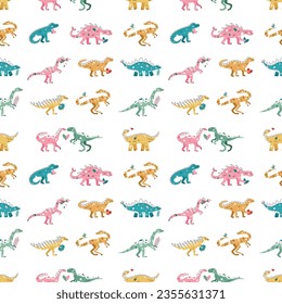 Vector seamless pattern with dinosaur flower egg and heart