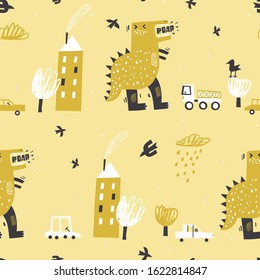 Vector seamless pattern with dinosaur, houses, cars and trees. Childish dino pattern. Vector illustration. Yellow background.