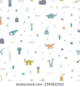Vector seamless pattern with dinosaur, mountains, palm, grass, volcano and cactus
