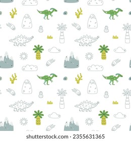 Vector seamless pattern with dinosaur mountins palm cactus and egg