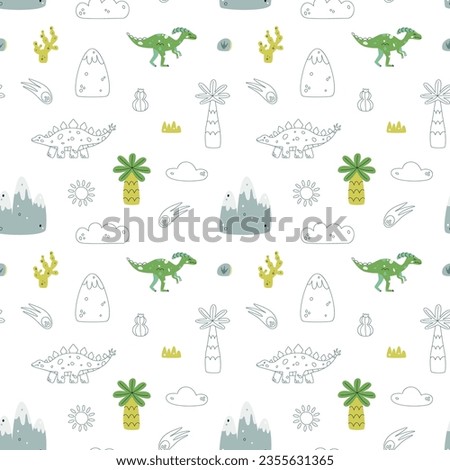 Vector seamless pattern with dinosaur mountins palm cactus and egg
