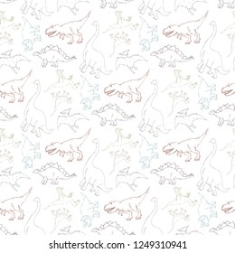 Vector seamless pattern with dinosaur outline silhouette on a white background.Wild creature predator.Dinosaur period.Reptile animal