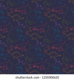 Vector seamless pattern with dinosaur outline silhouette on a dark blue background.Wild creature predator.Dinosaur period.Reptile animal 