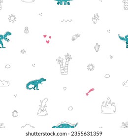 Vector seamless pattern with dinosaur palm grass asteroid cactus 