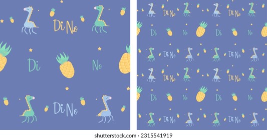Vector seamless pattern with dinosaur and pineapple. Cute dino  in cartoon style. animal fabric design. Hand drawn design for textiles, boys clothing, bed linen, office supplies.