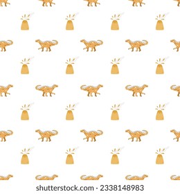 Vector seamless pattern with dinosaur and volcano