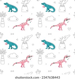 Vector seamless pattern with dinosaur and volcano