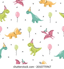 Vector seamless pattern with dinosaurs birthday party. Cute cartoon dino character for kids. Dinosaurs with baloons and confetti around on white background. 