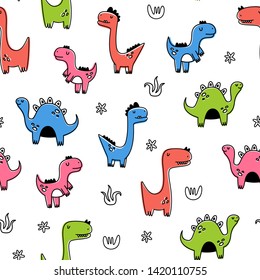 Vector seamless pattern with dinosaurs. Cartoon style. Children's print.