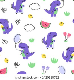 Vector seamless pattern with dinosaurs. Cartoon style. Children's print.