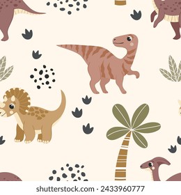 Vector seamless pattern with dinosaurs in cartoon style.