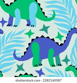 Vector seamless pattern with dinosaurs in the jungle