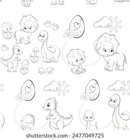 Vector seamless pattern - dinosaurs mom and baby Diplodocus, egg. Clipart for baby shower, nursery, decor, stickers, prints with historical animals. Black line silhouette for circuit