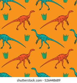 Vector seamless pattern with dinosaurs on an orange background