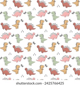 Vector seamless pattern with dinosaurs in Scandinavian style. Children's seamless pattern with drawn dinosaurs. Vector illustration of dinosaurs.