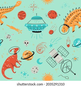 Vector Seamless Pattern. Dinosaurs, spaceships, and Planet. Best For Fabric Printing, Wallpaper, Backgrounds, Graphics Elements, Poster