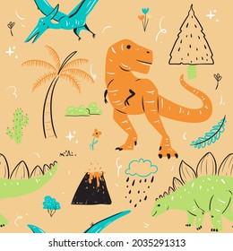 Vector Seamless Pattern. Dinosaurs, spaceships, and Planet. Best For Fabric Printing, Wallpaper, Backgrounds, Graphics Elements, Poster