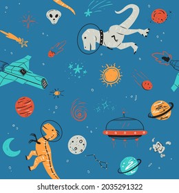 Vector Seamless Pattern. Dinosaurs, spaceships, and Planet. Best For Fabric Printing, Wallpaper, Backgrounds, Graphics Elements, Poster