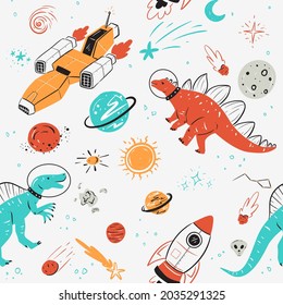 Vector Seamless Pattern. Dinosaurs, spaceships, and Planet. Best For Fabric Printing, Wallpaper, Backgrounds, Graphics Elements, Poster