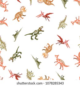 Vector seamless  pattern. Dinosaurs. T-REX,  Tyrannosaur, Velociraptor, Triceratops, Brontosaurus, Parasaurolophus, Stegosaurus, Pteranodon. 