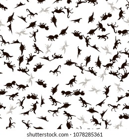 Vector seamless  pattern. Dinosaurs. T-REX,  Tyrannosaur, Velociraptor, Triceratops, Brontosaurus, Parasaurolophus, Stegosaurus, Pteranodon. 