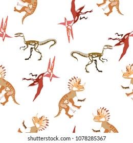 Vector seamless  pattern. Dinosaurs. T-REX,  Tyrannosaur, Velociraptor, Triceratops, Brontosaurus, Parasaurolophus, Stegosaurus, Pteranodon. 