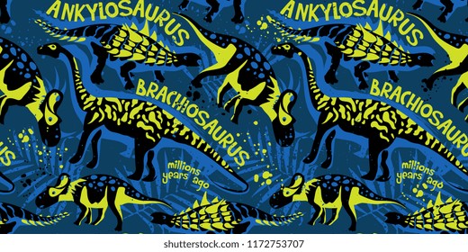 Vector seamless pattern with dinosaurs and tropical leaves. Background for textile.