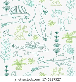 Vector seamless pattern, dinosaurus, tyranosaurus, stegosaurus, horsetail, prehistoric flowers. Linear.