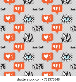 Vector seamless pattern with dislike, like, lowered lashes, nope phrase, oh yeah phrase, blue eye. Hand drawn cute and funny fashion illustration patches or stickers kit.