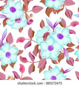 Vector seamless pattern displaying bold flowers. Elegance Seamless background with of flowers. Floral vector illustration. Blue flowers, violet leaves on white background.