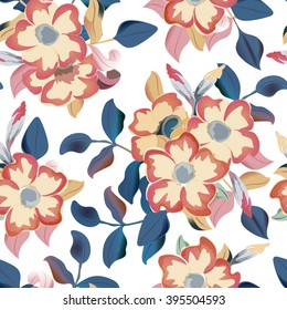 Vector seamless pattern displaying bold flowers. Elegance Seamless background with of flowers. Floral vector illustration. Beige flowers, navy blue leaves on white background.