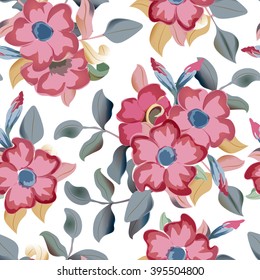 Vector seamless pattern displaying bold flowers. Elegance Seamless background with of flowers. Floral vector illustration. Rose flowers, gray leaves on white background.