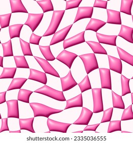 Vector Seamless Pattern with Distorted 3D Plastic Checker Texture. Pink Checkered Pattern in Trendy Barbie Doll Style