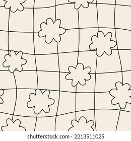 Vector seamless pattern with distorted cage and abstract flowers. Twisted checkered funky background. 90s, 00s aesthetic. Retro wavy linear checkerboard. Outline illustration