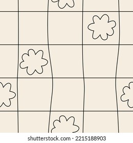 Vector seamless pattern with distorted cage and abstract flowers. Twisted checkered funky background. 90s, 00s, y2k aesthetic. Retro wavy linear checkerboard.