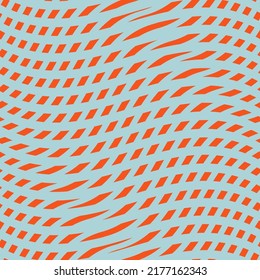Vector seamless pattern with distorted grid, lattice, mesh. Simple abstract background with optical illusion effect. Op art texture. Deformed surface. Orange and blue design. Retro vintage style decor