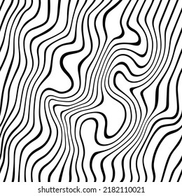 Vector Seamless Pattern with Distorted Stripes. Abstract Minimalist Monochrome Waves. Water Ripple Texture. Psychedelic Background with Swirl Lines. 