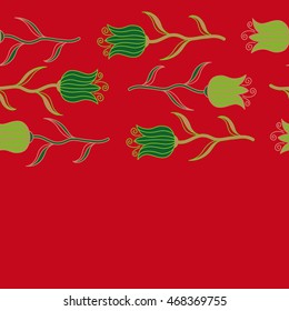 Vector seamless pattern with ditsy flowers. Watercolor floral image with green, red and brown tulip flowers.