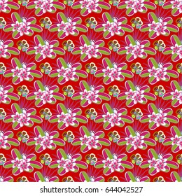 Vector seamless pattern with ditsy flowers. Trendy seamless Floral Pattern in blue, red and green colors.