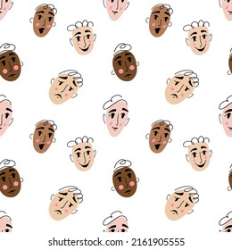 Vector seamless pattern with diverse people's faces. Dynamic background.