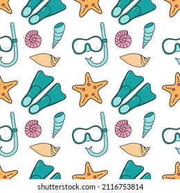 Vector seamless pattern with diving equipment, starfish, shells. Illustration in emerald, pink, yellow colors for fabric, textile, background.