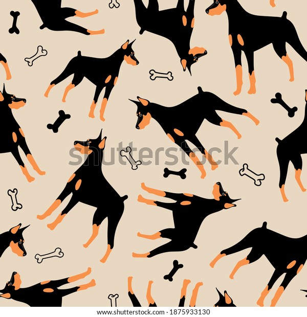 Vector seamless pattern with Doberman. Funny cartoon dog and bones, wallpaper.